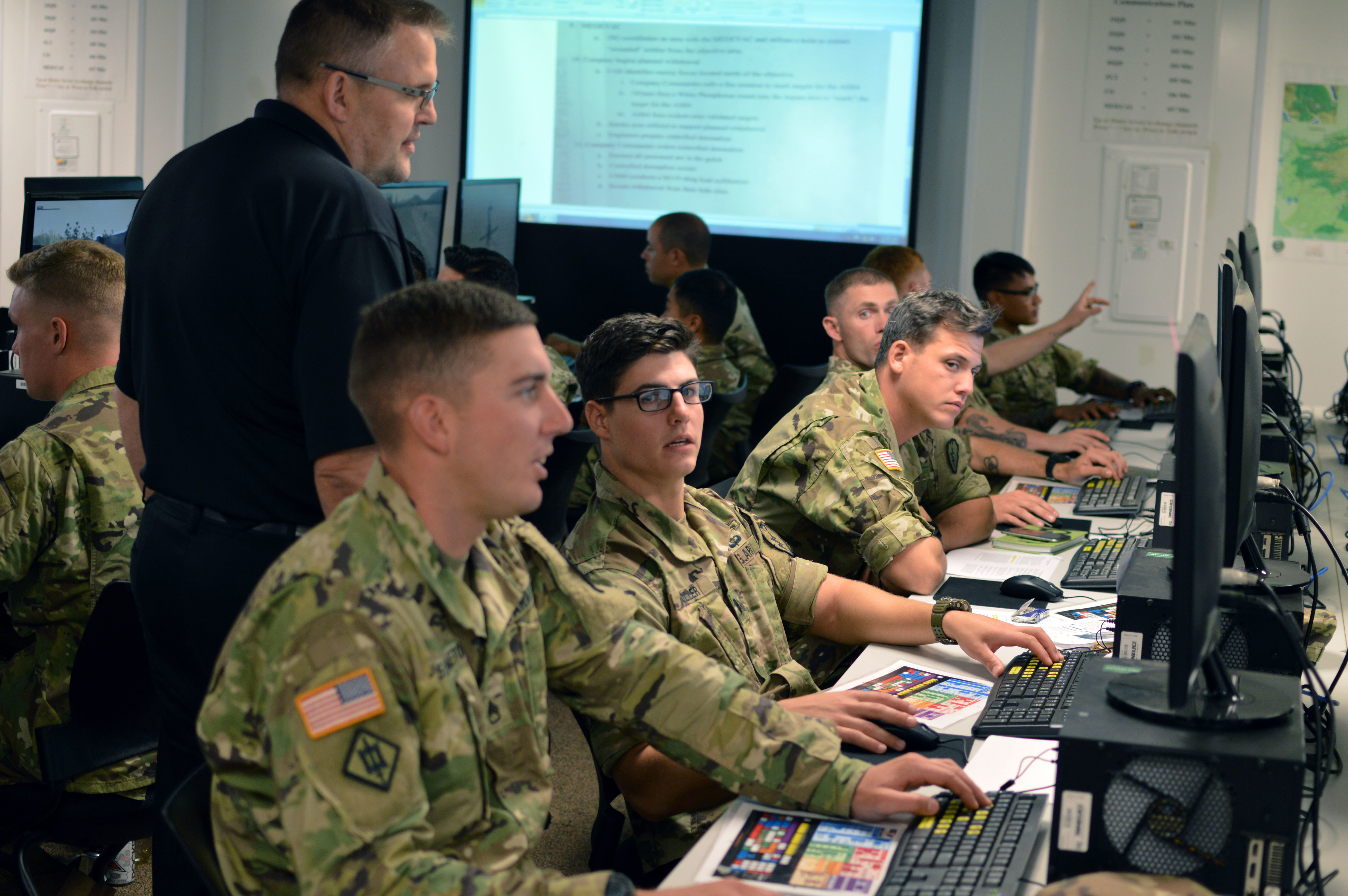 Team of military personnel working in a control room